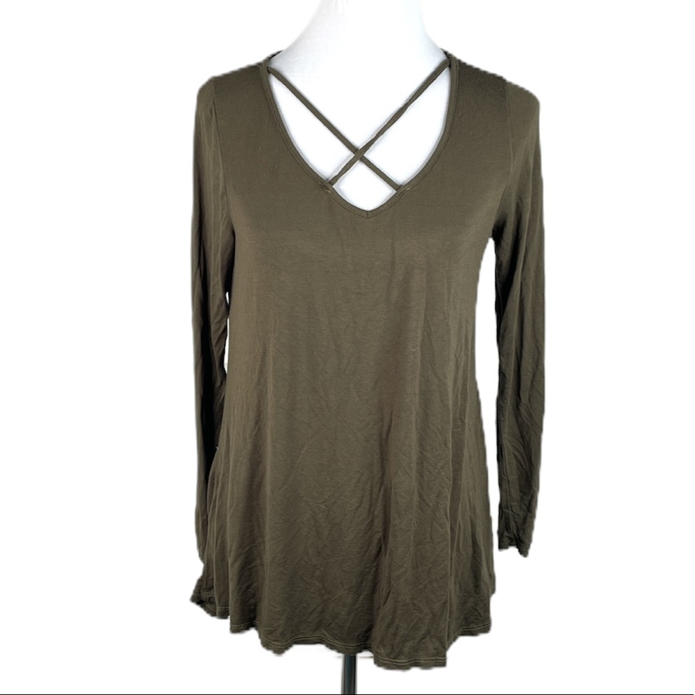 Jodifl Crisscross Front Long Sleeve Shirt Dark Green Large